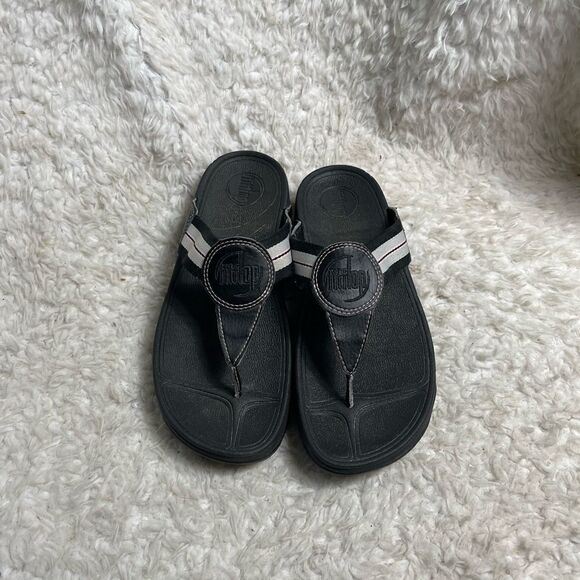 Fitflop black leather and fabric wedge thong sandals size 8 - Picture 3 of 10